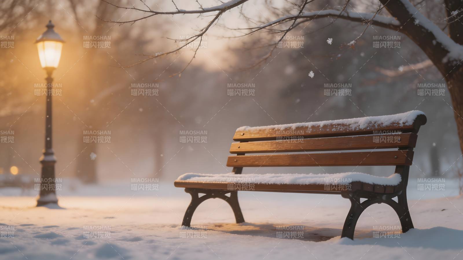 雪夜长椅静谧图片