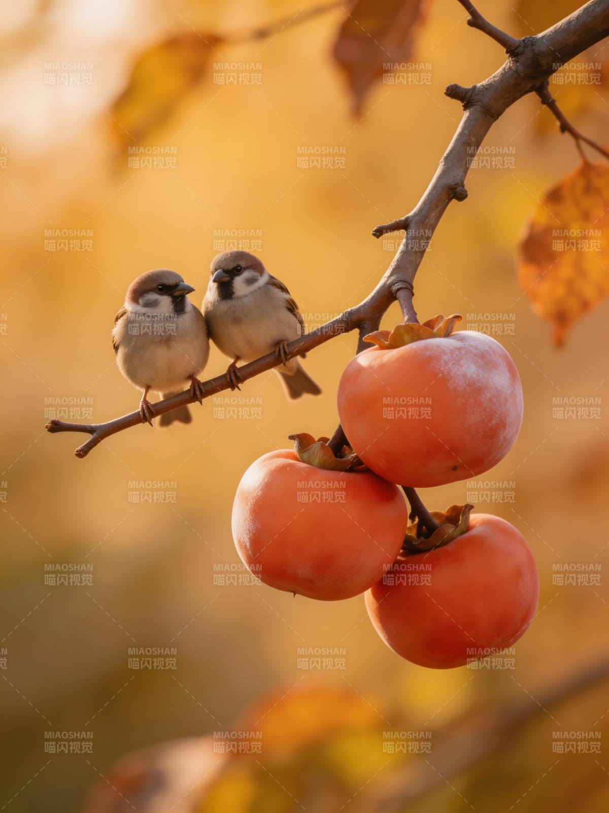 秋枝双雀伴柿红图片