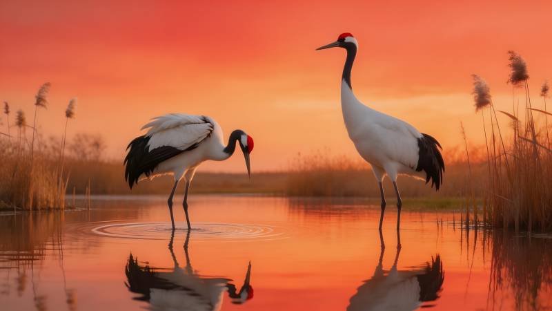 鹤影映霞光图片