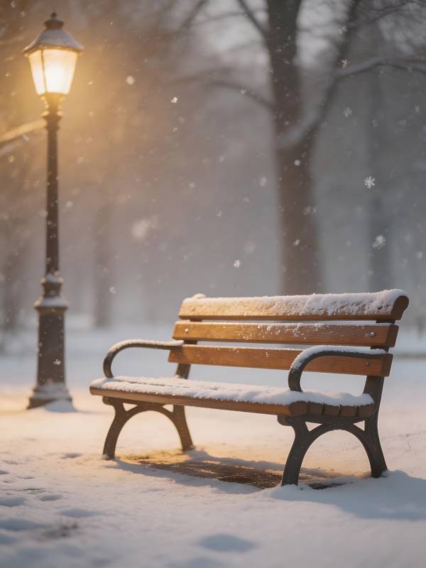 雪夜灯下长椅图片