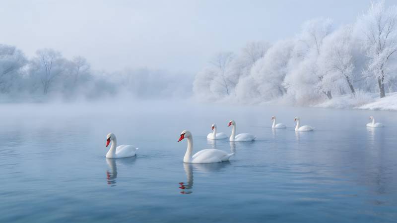 冬湖天鹅图图片