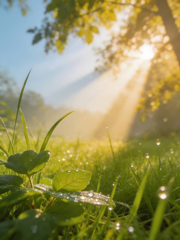晨露草间 阳光洒落图片