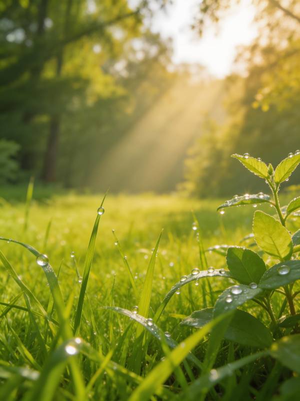晨光露珠绿意盎然图片