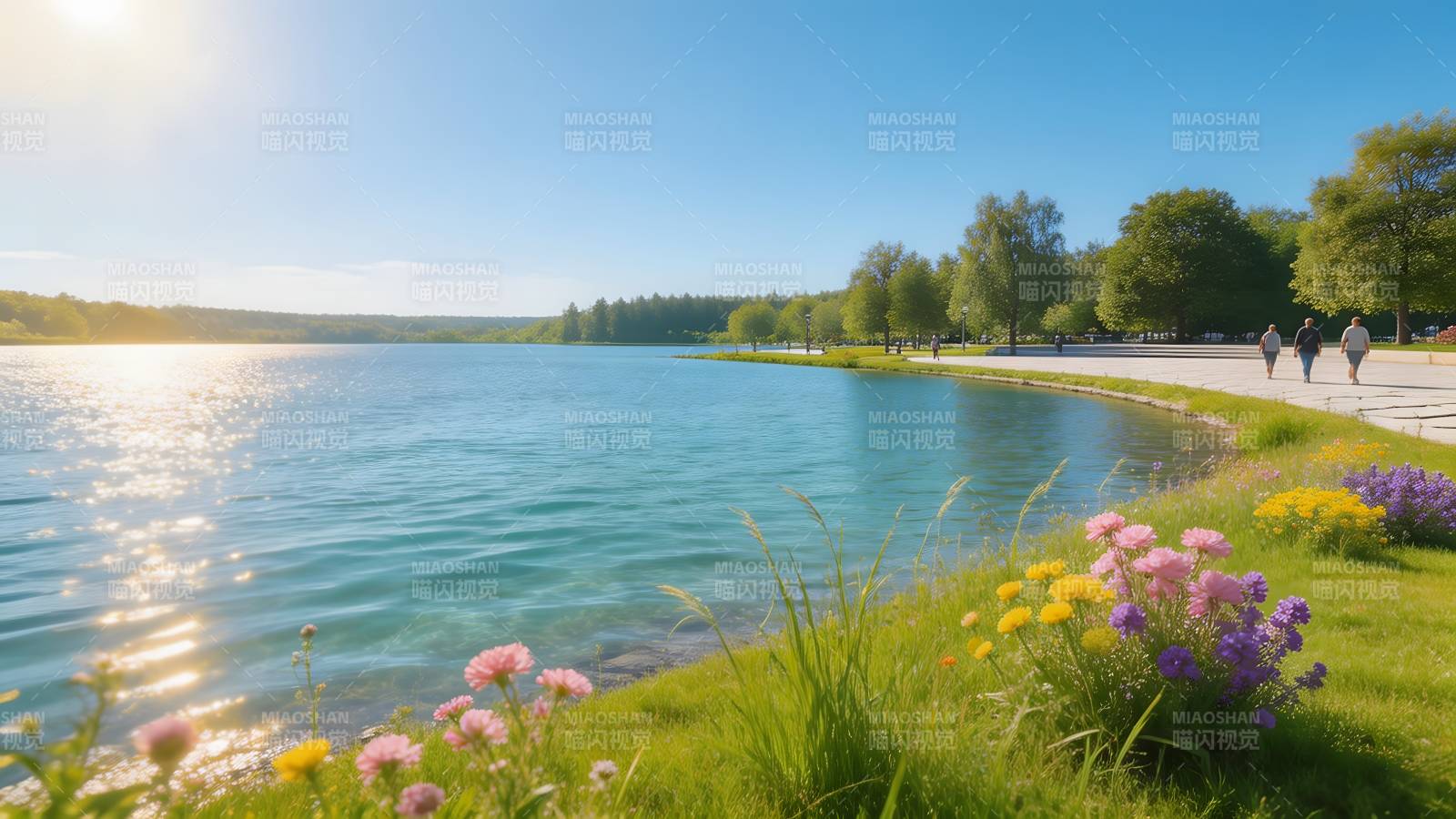 湖畔春光美景图片