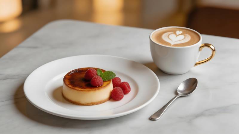 焦糖布丁配咖啡图片