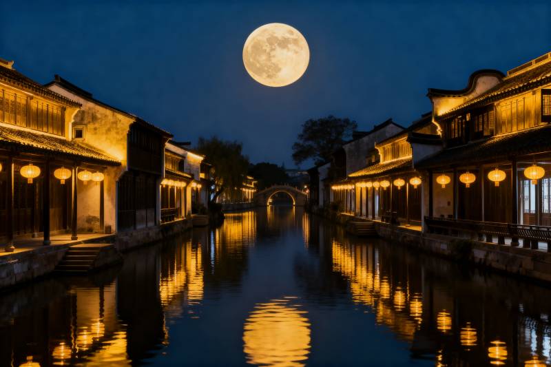 月照水乡夜景图片