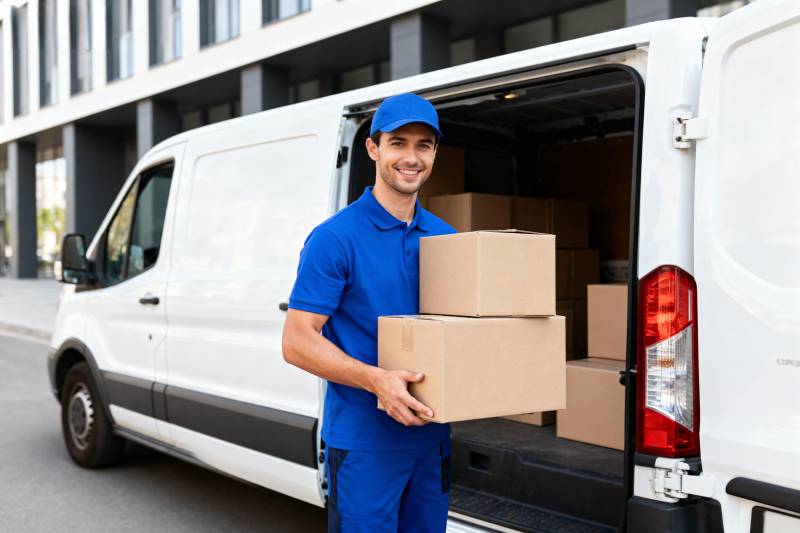 快递员送货上门图片