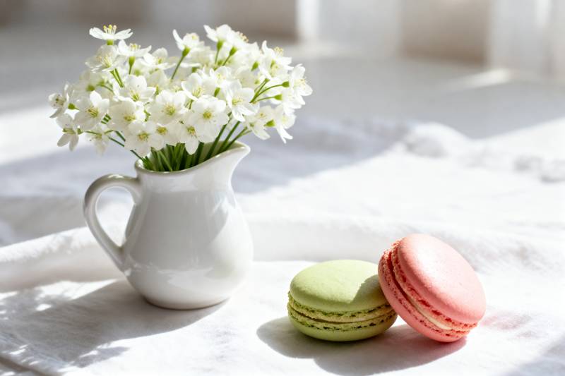 花与马卡龙的静谧时光图片