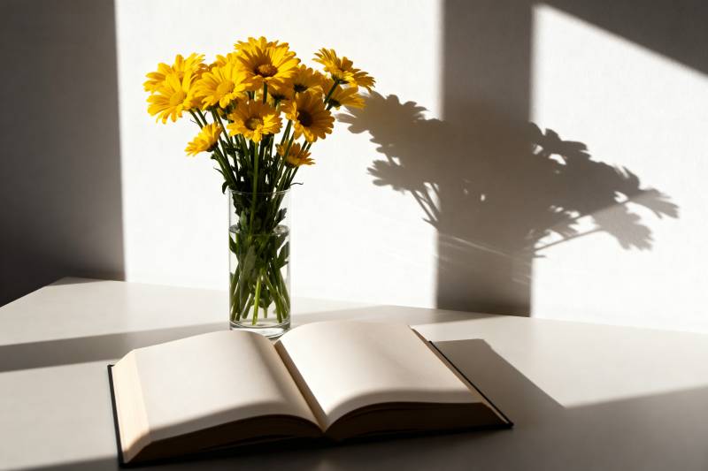 阳光下的书与花图片