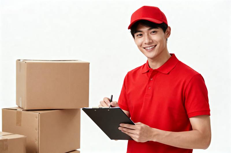 快递员微笑送包裹图片