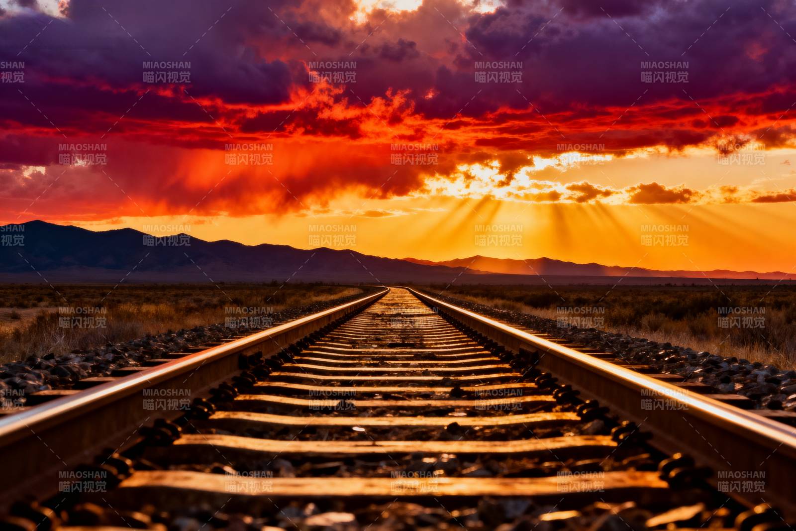 铁轨尽头的夕阳图片