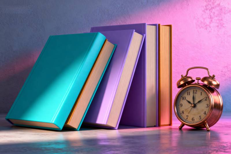 书与闹钟静物图图片