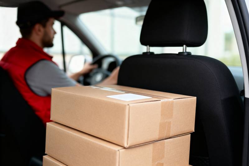 快递员驾驶送包裹图片