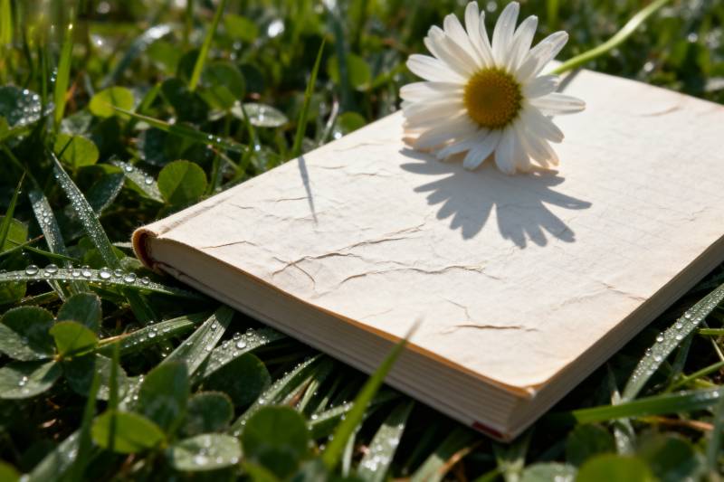 草地上书与雏菊图片