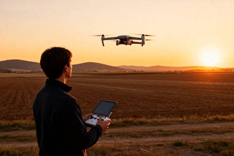 夕阳下操控无人机图片