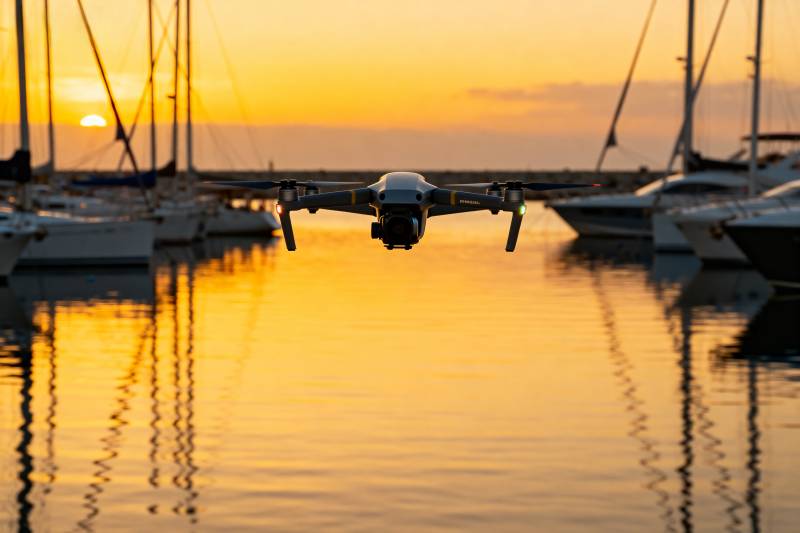 夕阳下的无人机飞行图片