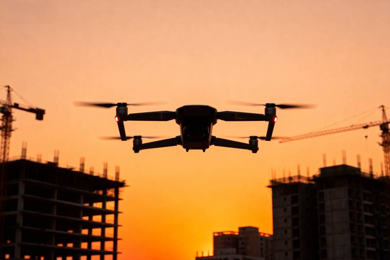 夕阳下的无人机剪影图片