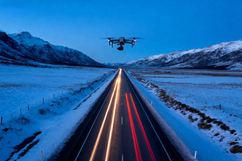 雪原夜路无人机图片