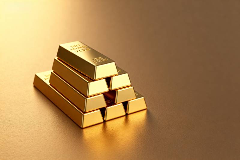 金条堆叠闪耀光芒图片