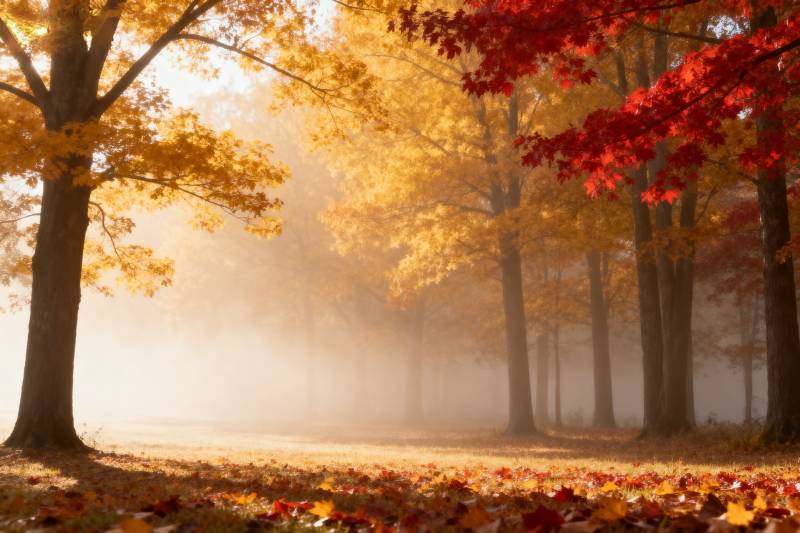 秋雾林间美景图片