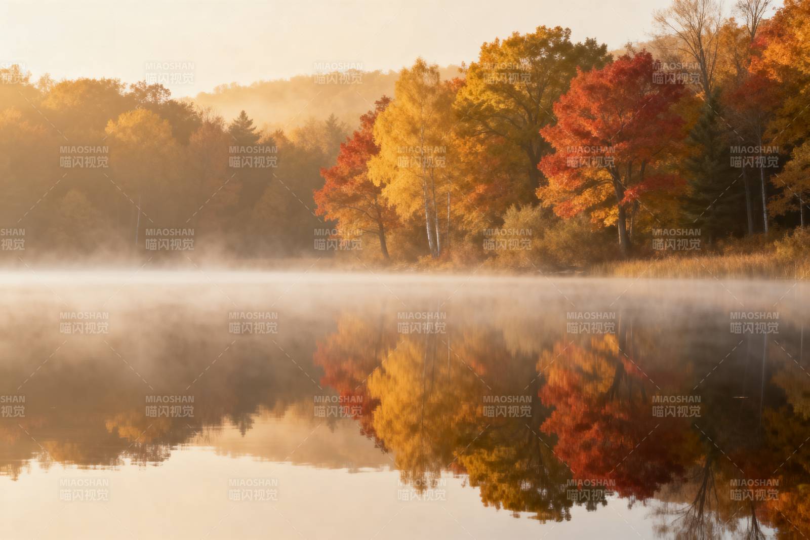 秋湖晨雾映彩林图片