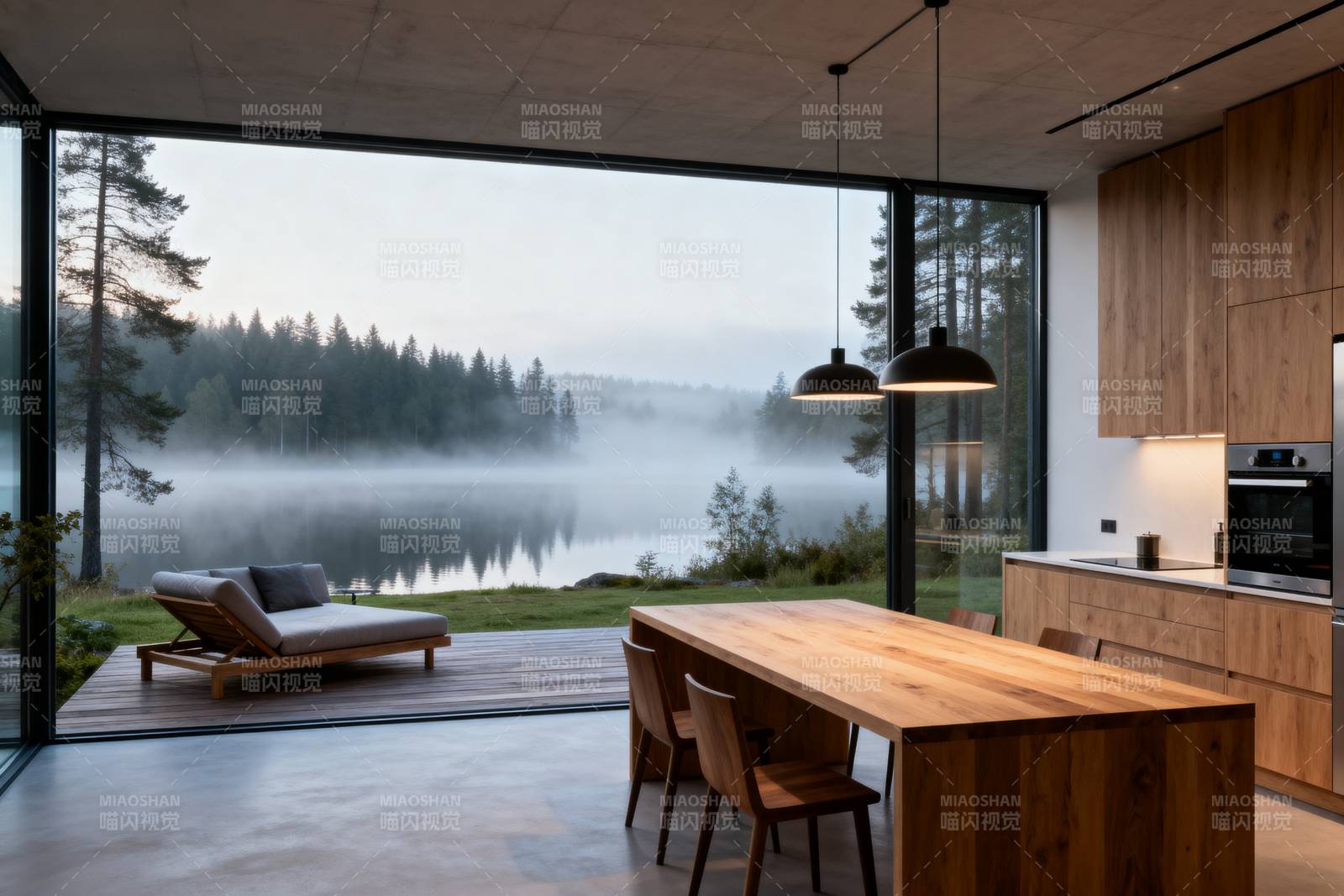 湖畔木屋厨房美景图片