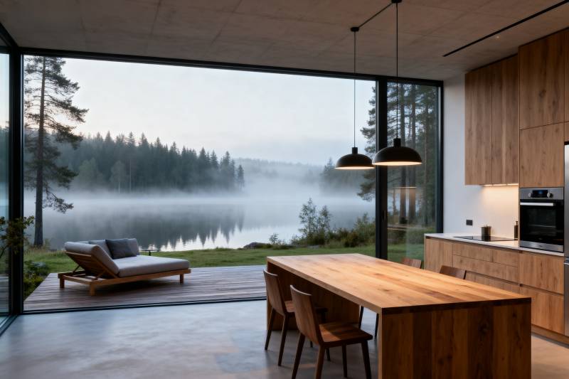 湖畔木屋厨房美景图片