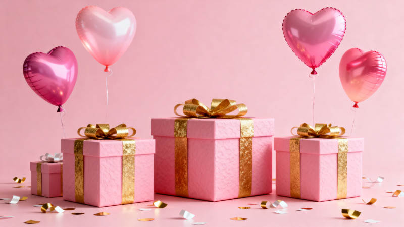 粉色礼盒与爱心气球图片