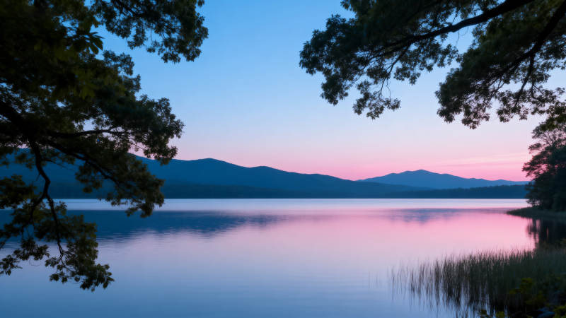 湖畔暮色静谧图片