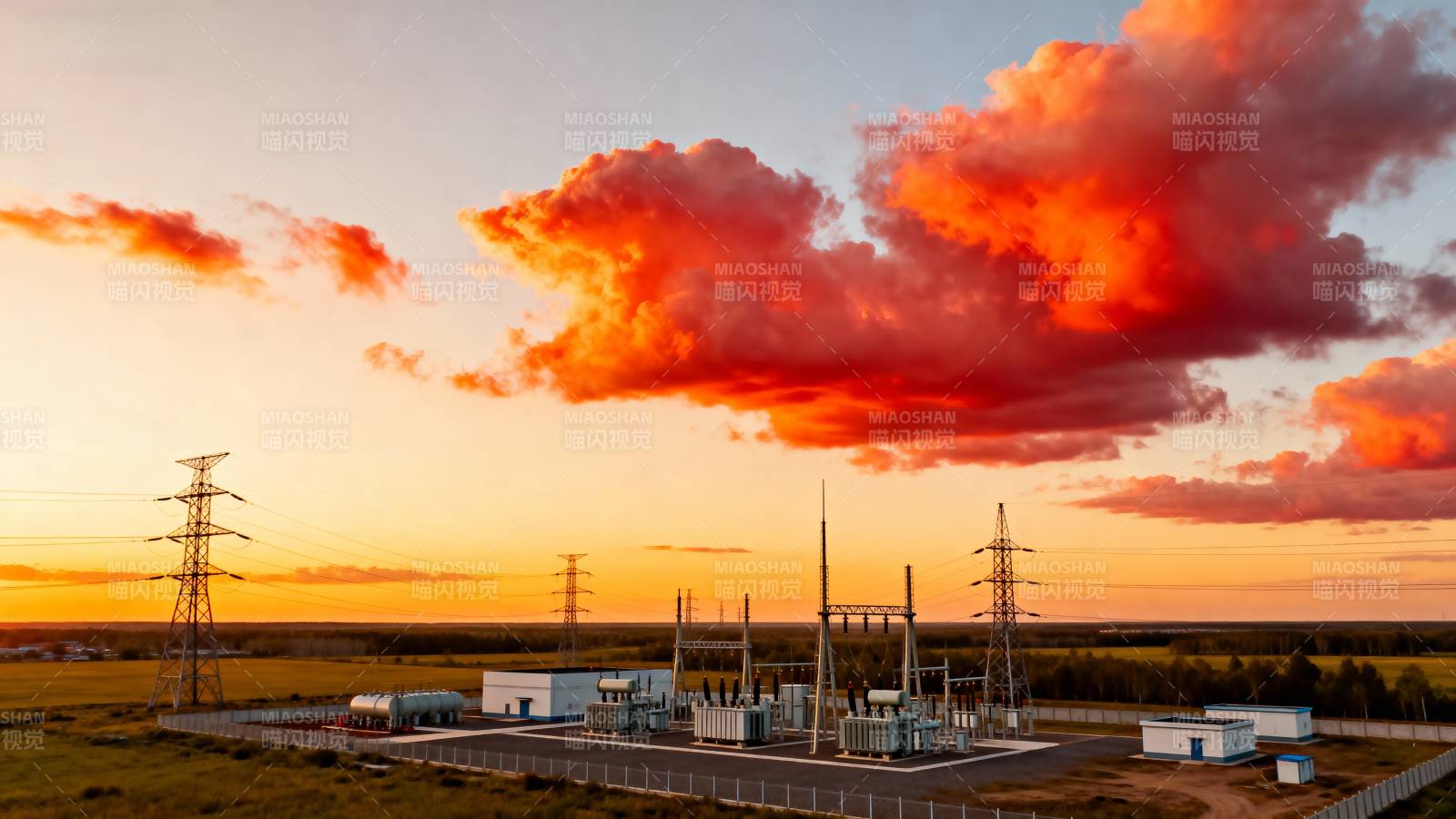 夕阳下的变电站图片