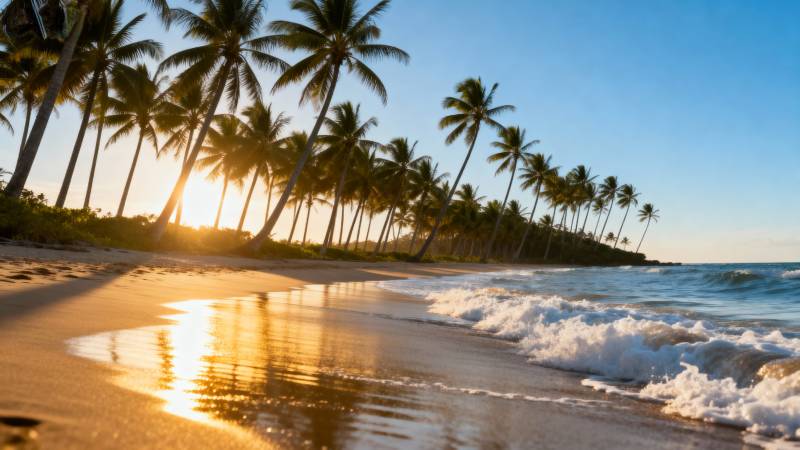 椰林沙滩日落美景图片