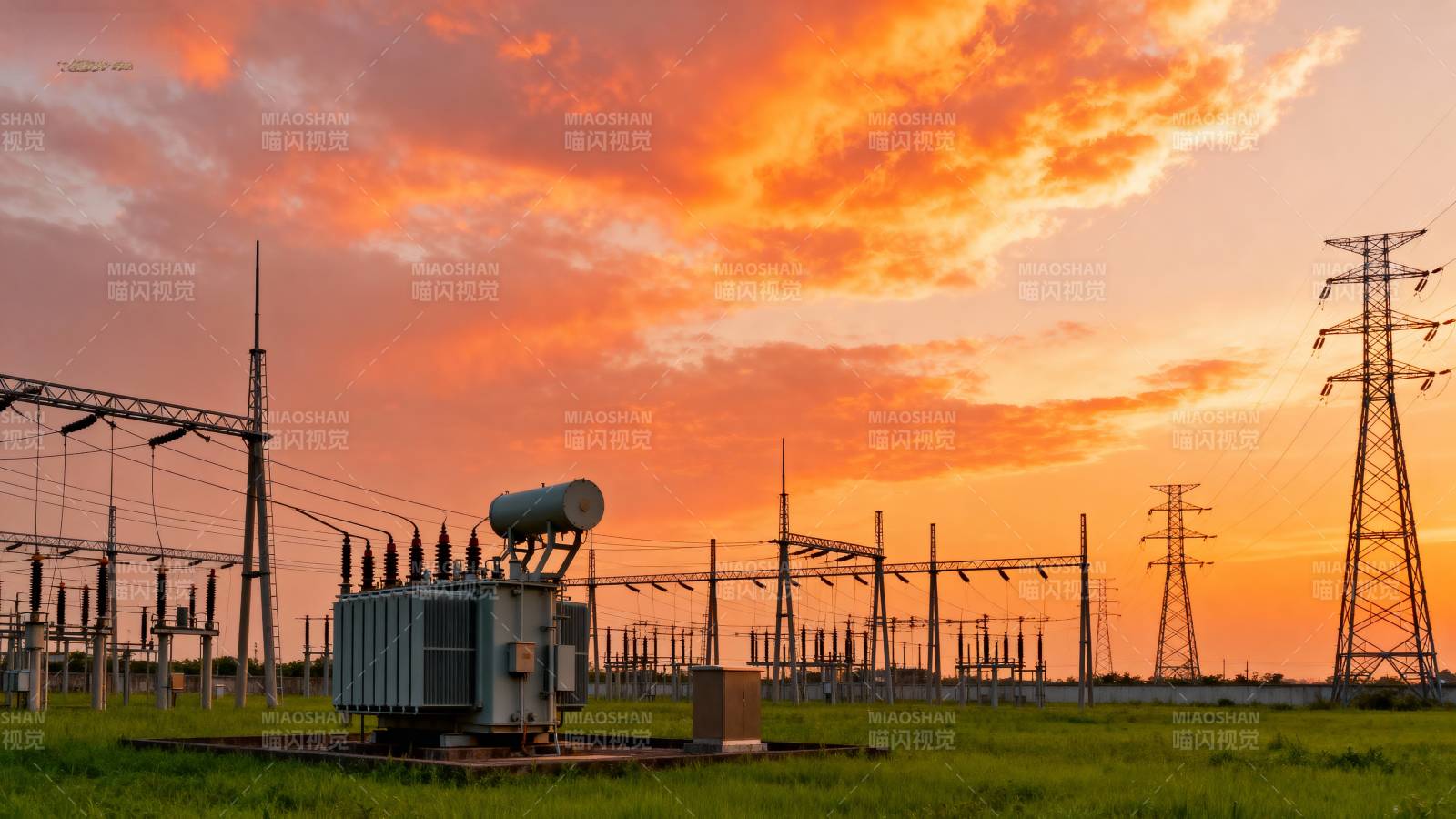 夕阳下的变电站图片