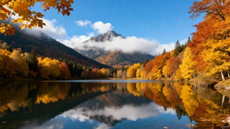 秋湖映山色图片