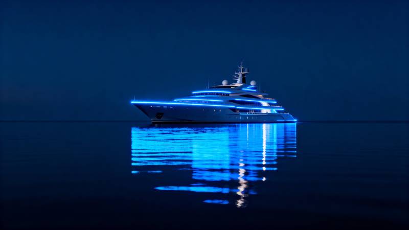 夜海蓝光游艇图片