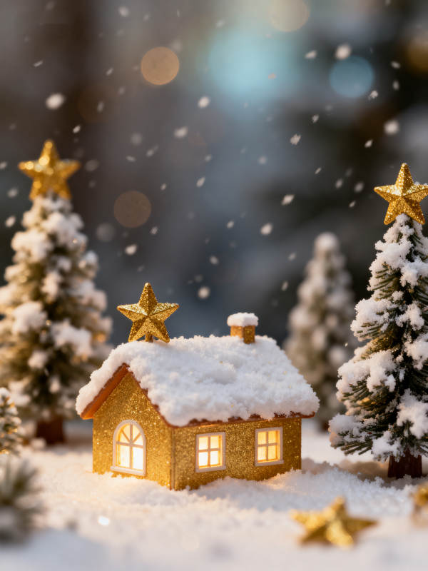 雪夜小屋星光闪烁图片