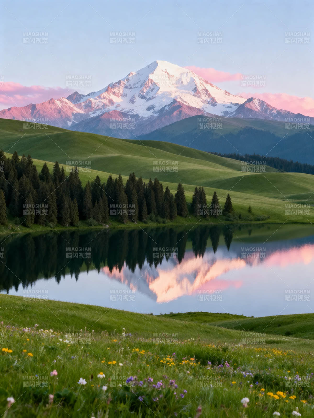 雪山映湖 花海如画图片