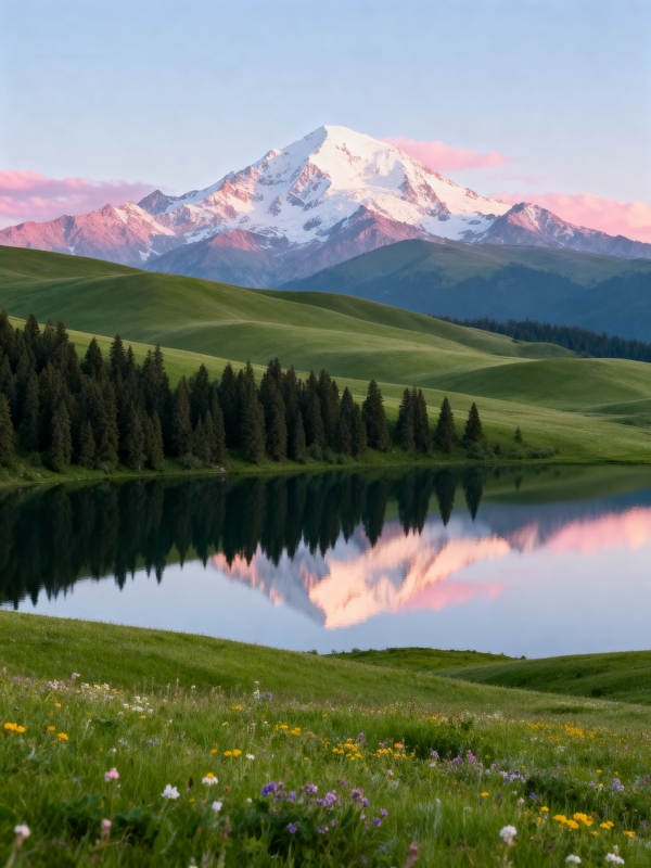 雪山映湖 花海如画图片