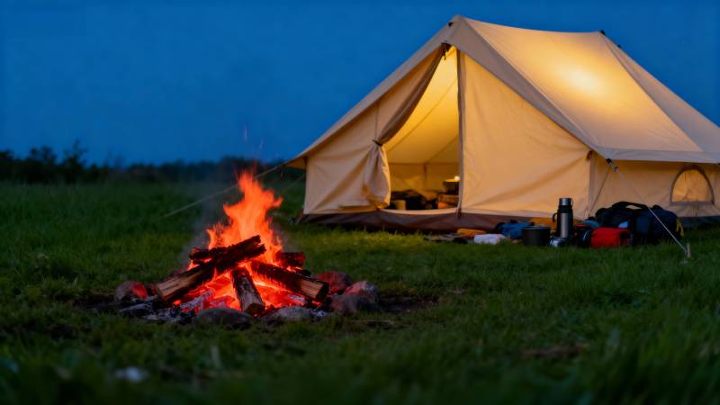 篝火旁的温馨帐篷图片