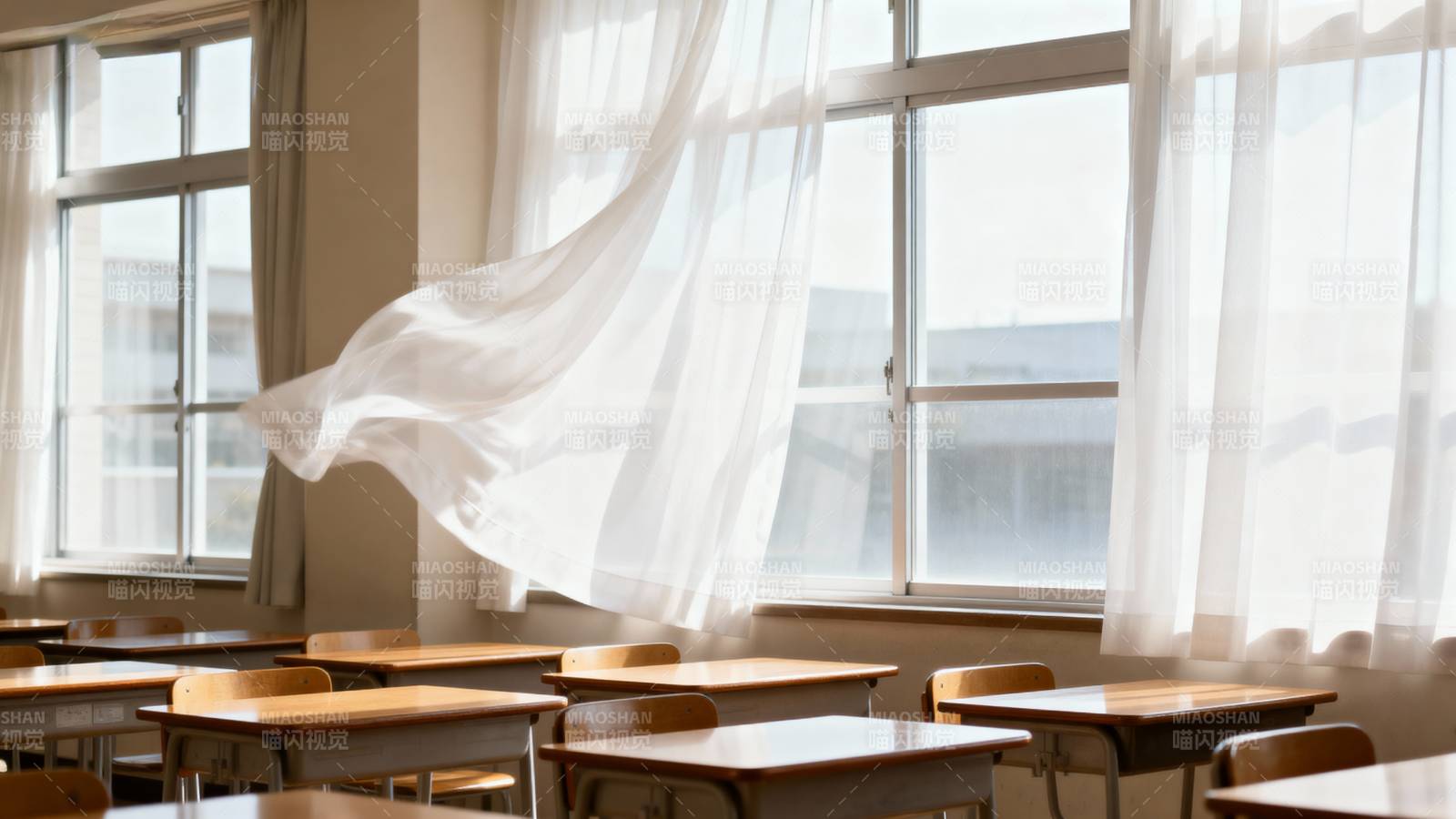 教室窗边飘动的窗帘图片
