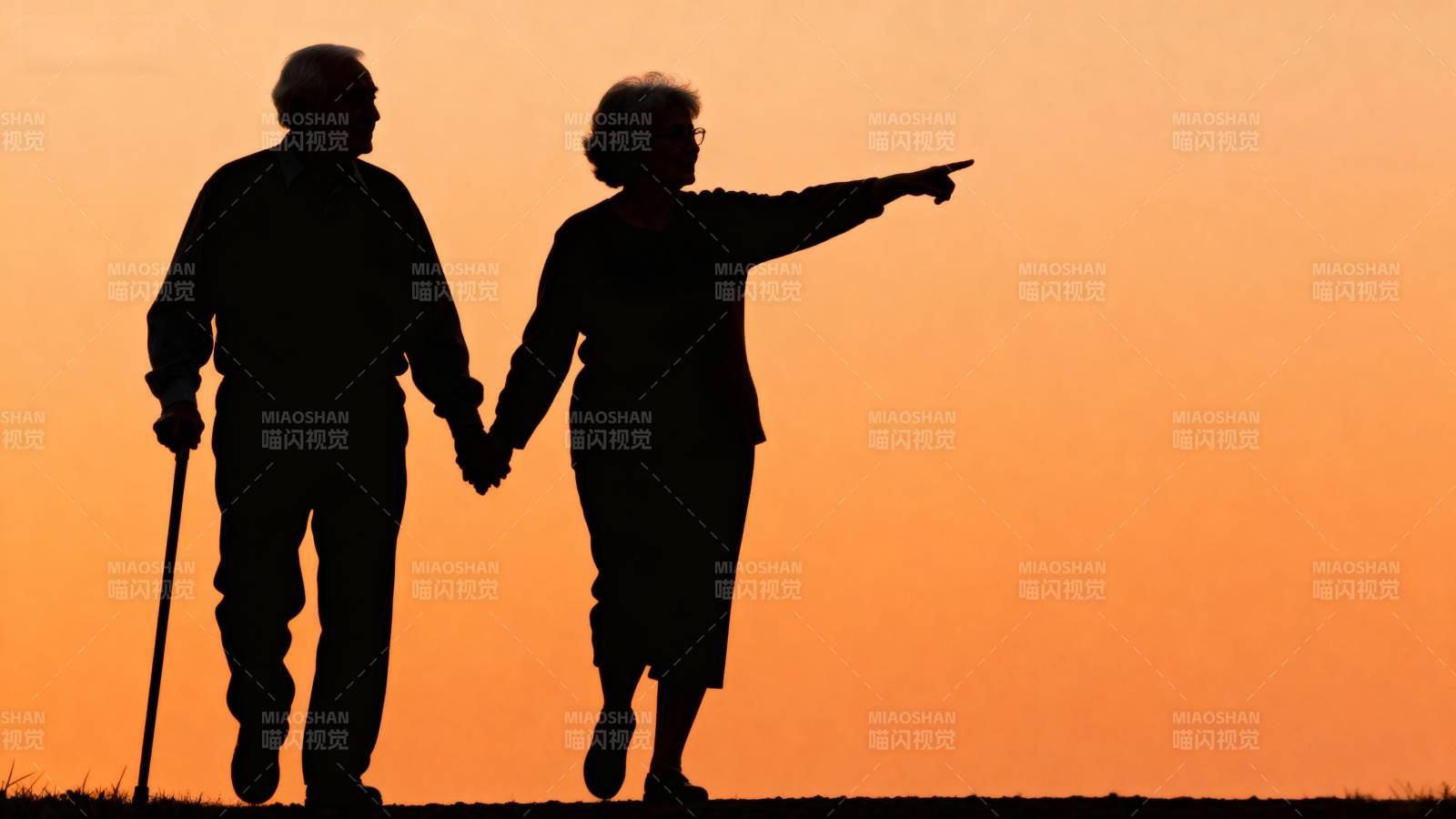 夕阳下的牵手老人图片