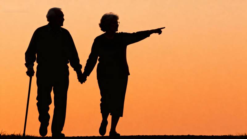 夕阳下的牵手老人图片