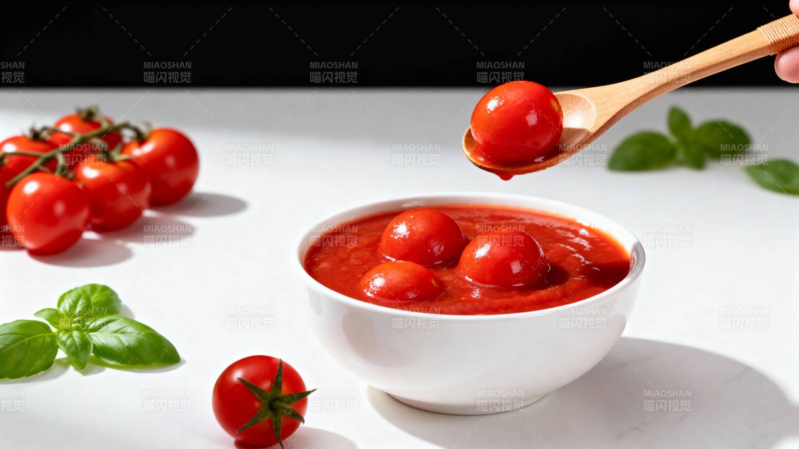 番茄浓汤配新鲜罗勒图片