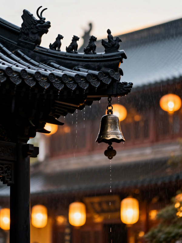 雨中古寺钟声图片
