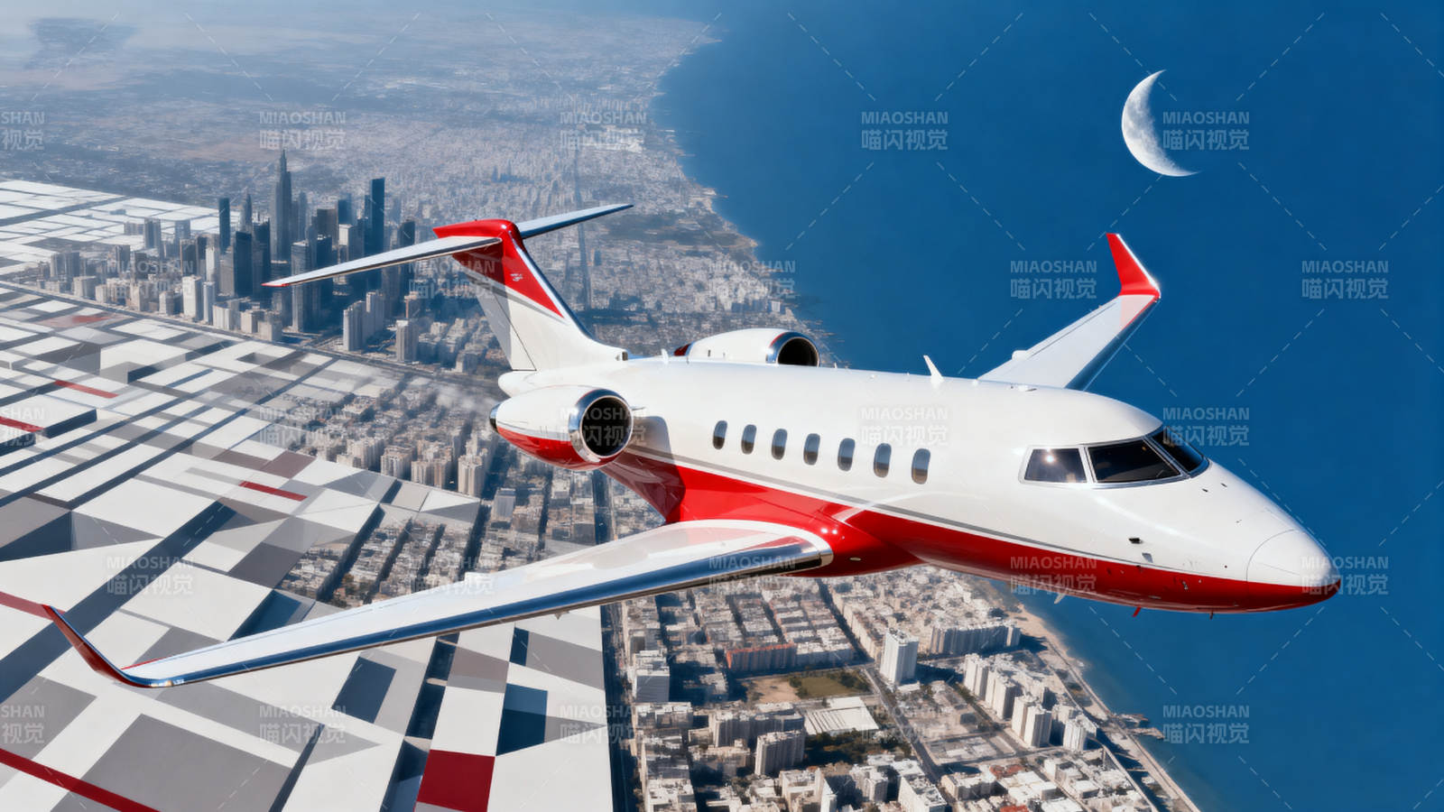 红白客机飞越城市图片