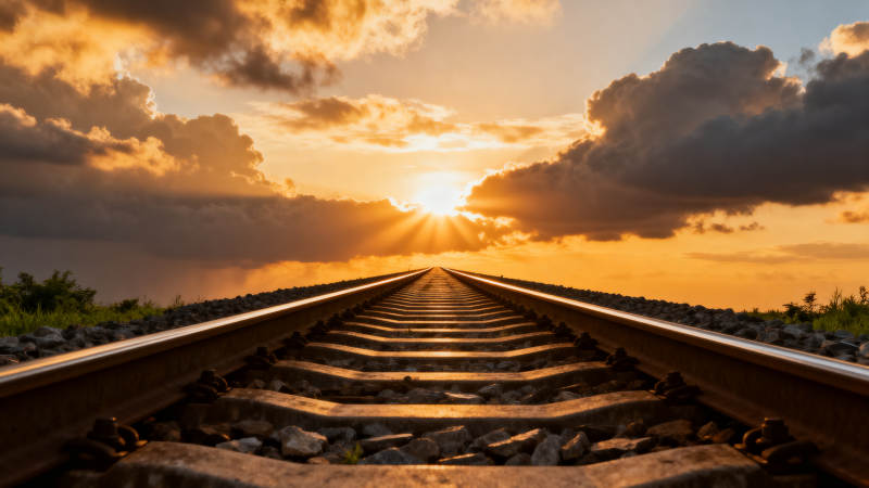 铁轨尽头的夕阳图片