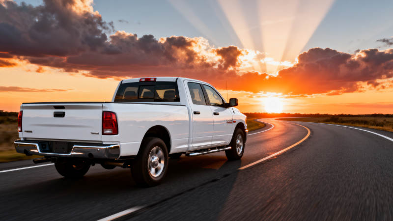 夕阳下的白色皮卡图片