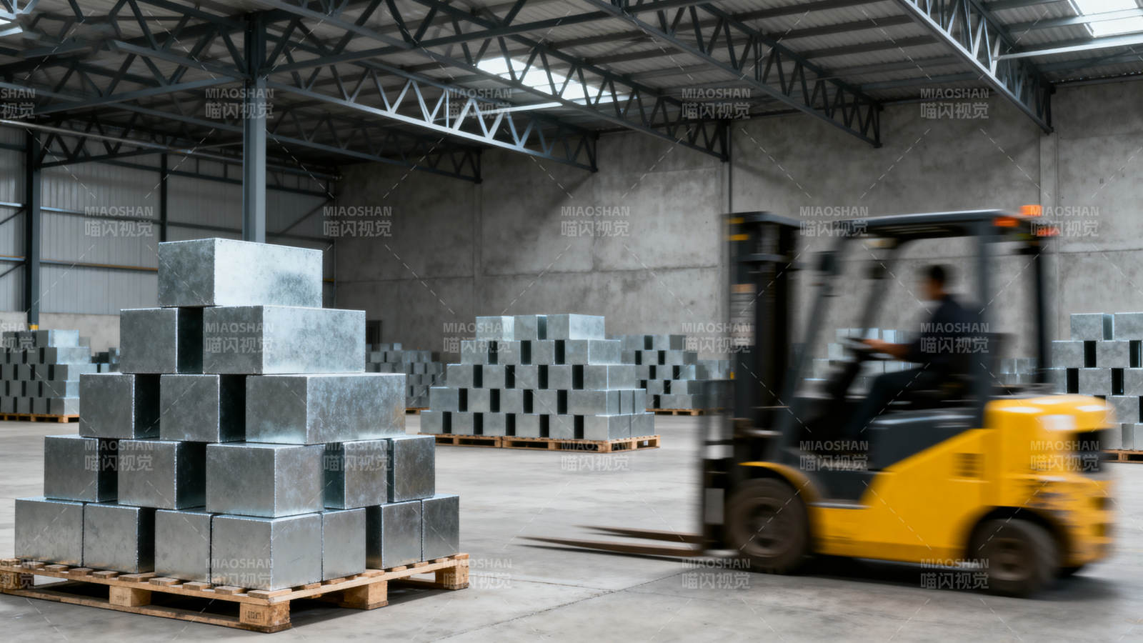 仓库叉车搬运铝锭图片