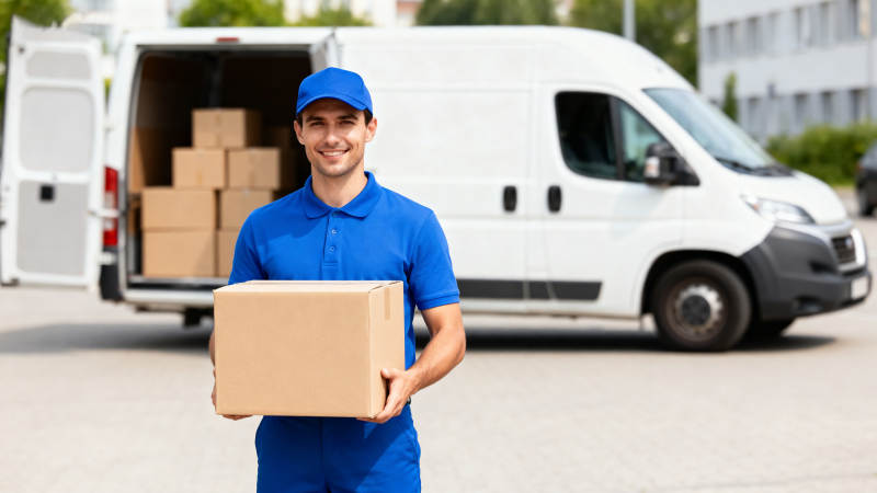 快递员微笑送包裹图片