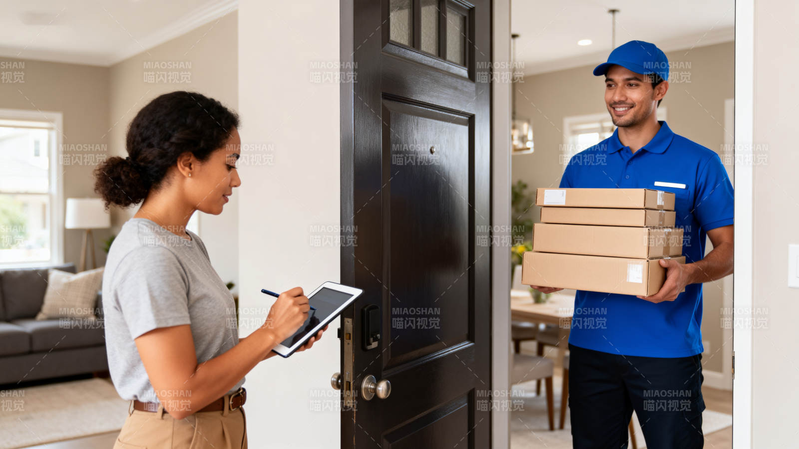 快递员送货上门图片