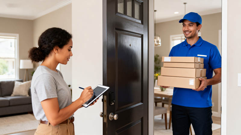 快递员送货上门图片